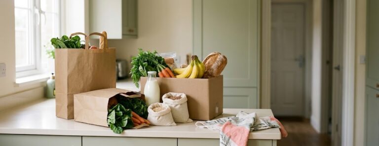 Пакеты с продуктами из доставки на кухонном столе: овощи, молоко, хлеб и крупы