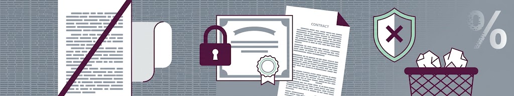 Перечёркнутый бланк договора, закрытый замок и пустой сертификат без печати