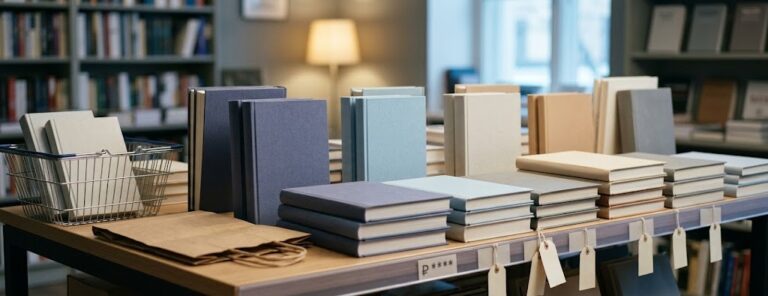 Стол с новинками в книжном магазине: стопки книг, ценники на рейке и корзина покупателя