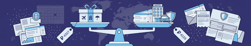 Весы: с одной стороны готовый тур одной коробкой, с другой — билеты, отель, трансфер и страховка по отдельности